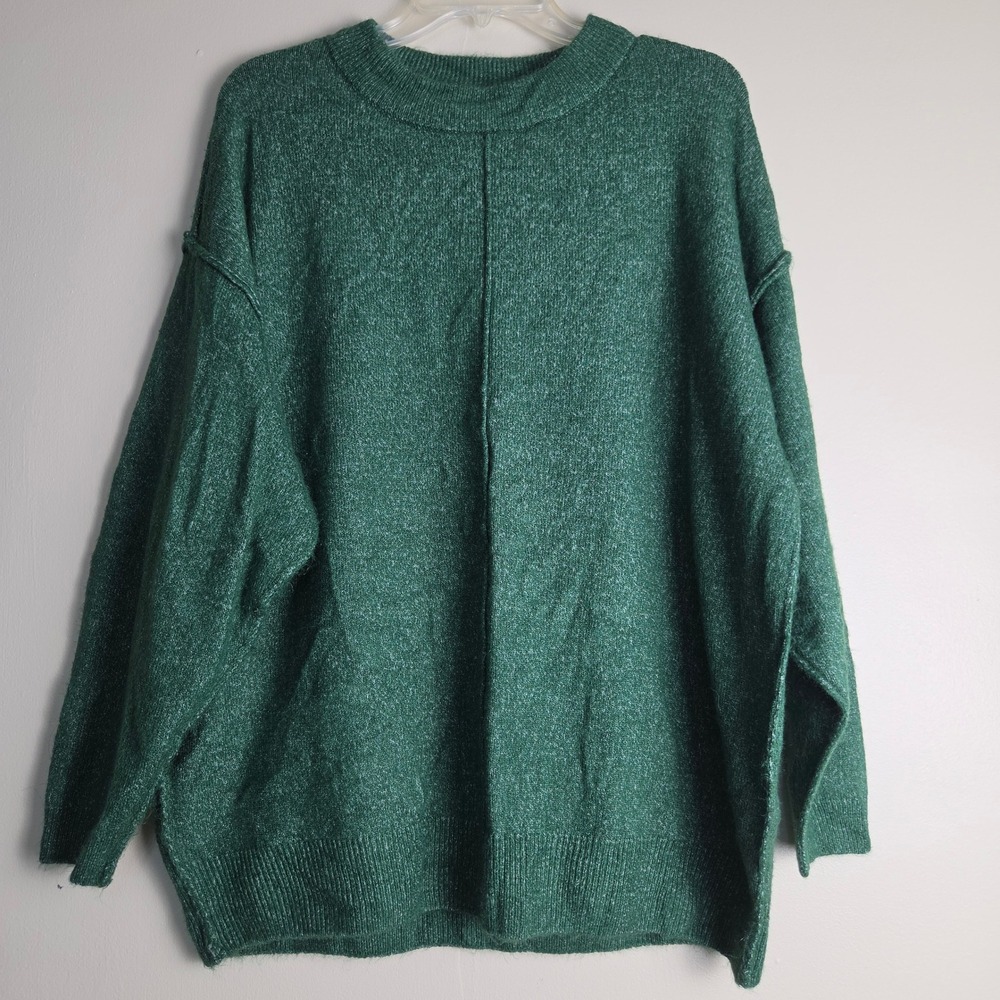 Zenana Green Marled Crew Neck Oversized Sweater Exposed Seam L/XL